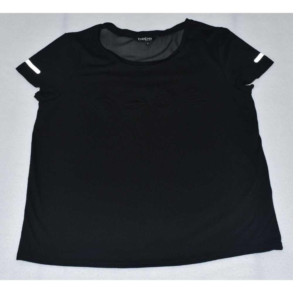 Bebe Sport Top Black with Black Logo Short Sleeve Shirt Sheer Mesh - Size M